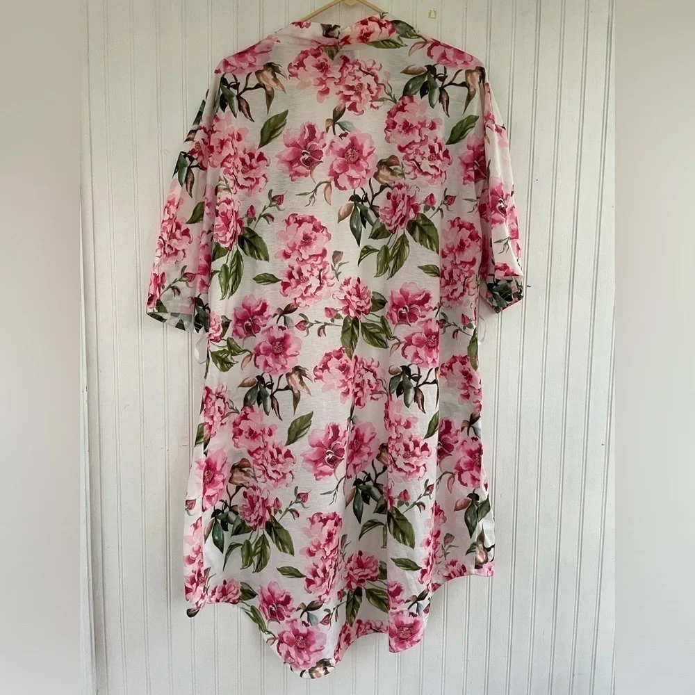 Show Me Your Mumu White Pink Rose Garden of Blooms Open Front Kimono ONE SIZE